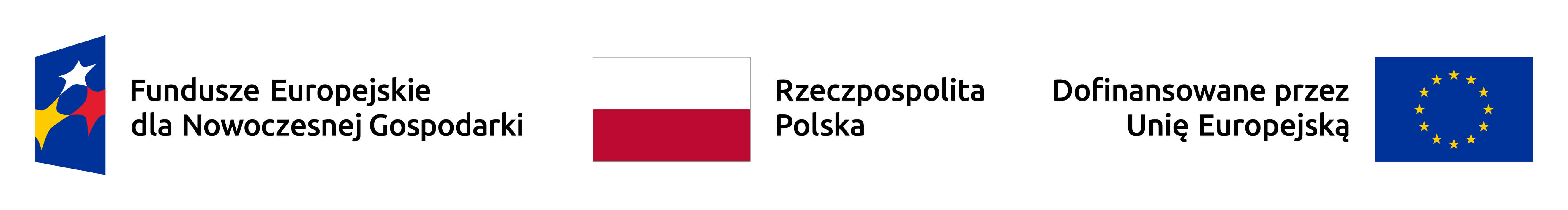 Logotypy Funduszy Europejskich dla Nowoczesnej Gospodarki, Rzeczypospolitej Polskiej oraz Unii Europejskiej z informacją o dofinansowaniu ze środków Unii Europejskiej